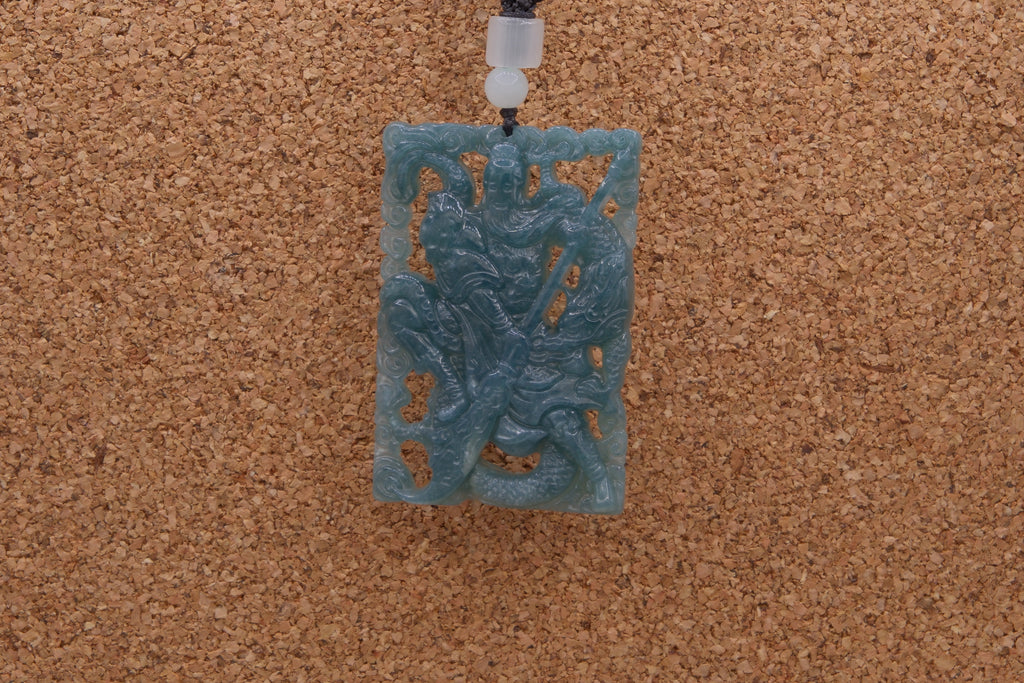 Natural Type A Blue Water Jadeite Jade Guan Gong & Dragon Pendant w/ Cert 32g