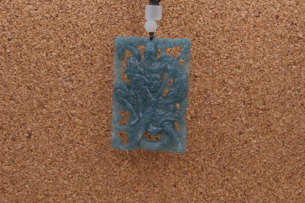 Natural Type A Blue Water Jadeite Jade Guan Gong & Dragon Pendant w/ Cert 32g