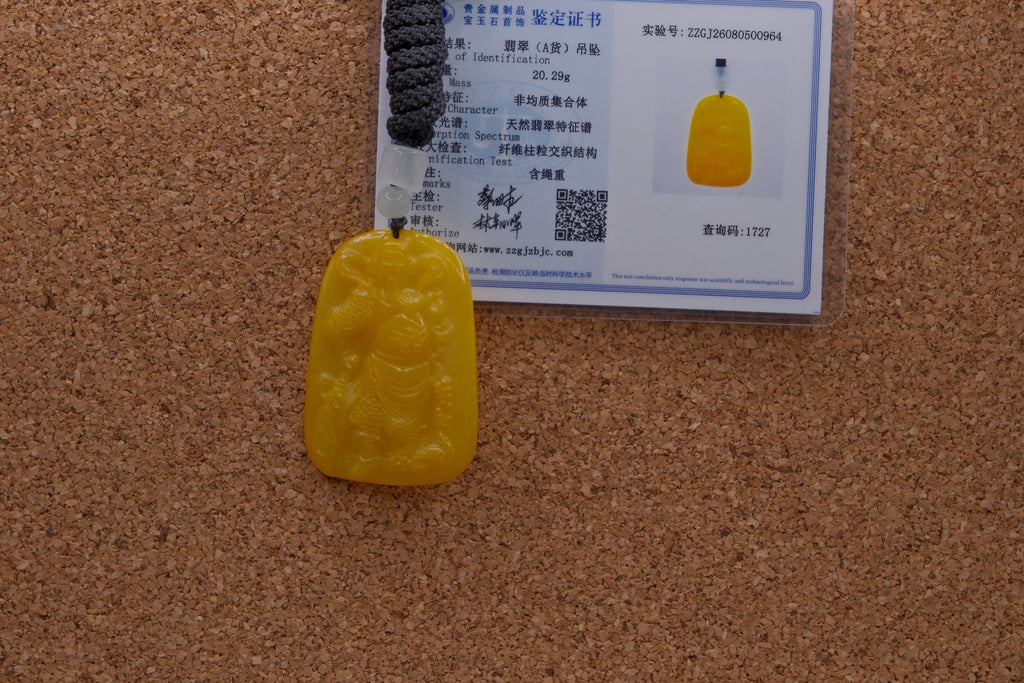 Natural Type A Yellow Jadeite Jade Guan Gong God of War Pendant 20g w/ Cert