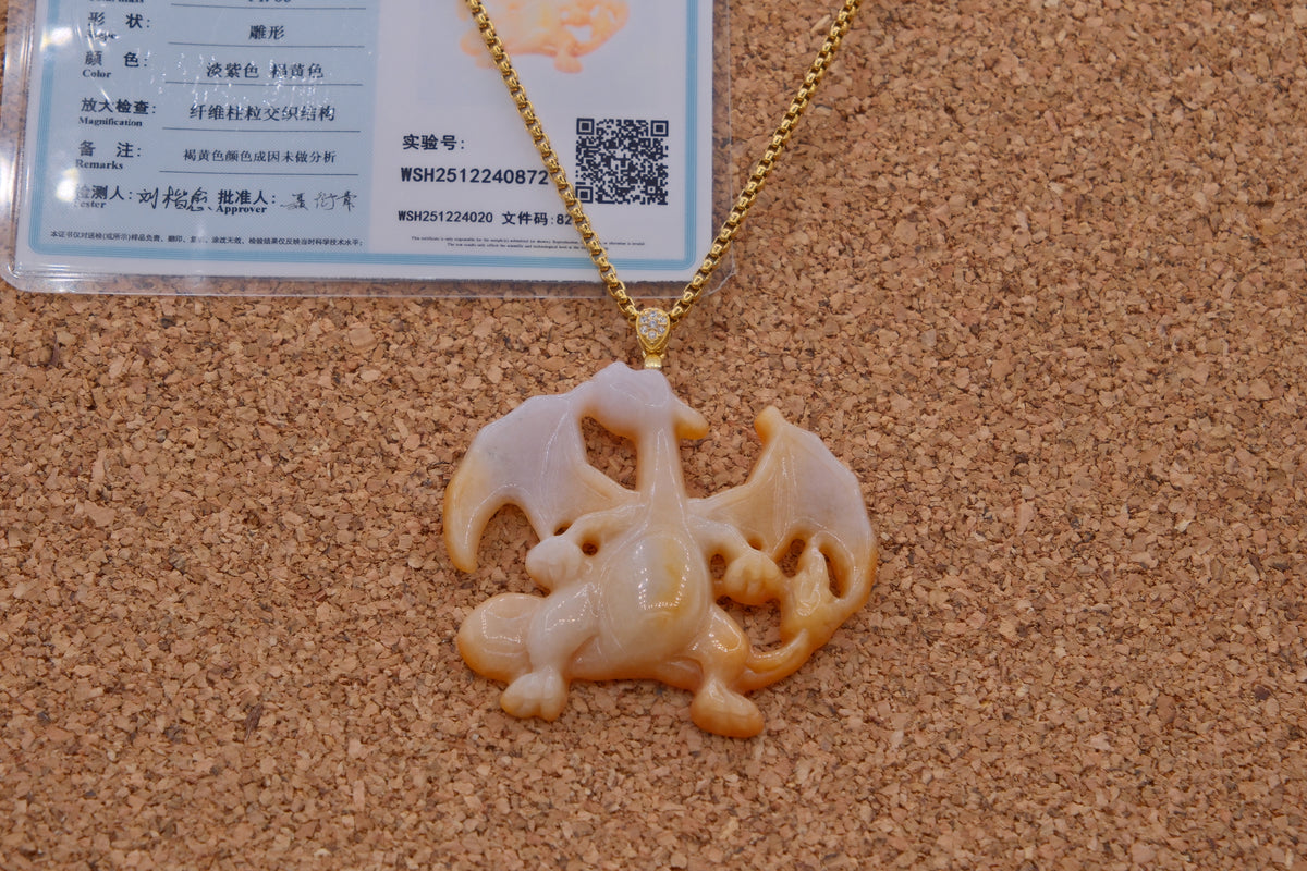 Type A Honey Yellow & Lavender Jadeite Jade Charizard Pendant w/ Certificate