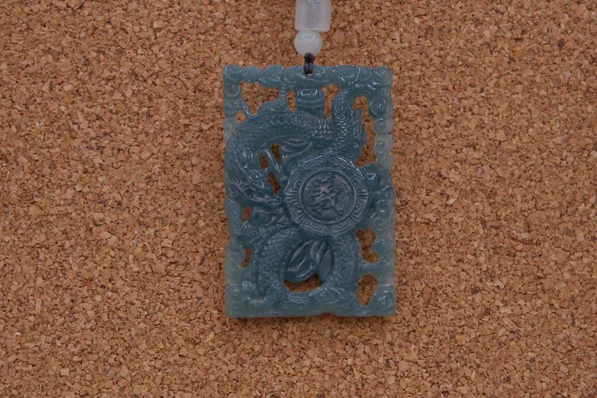 Natural Type A Blue Water Jadeite Jade Guan Gong & Dragon Pendant w/ Cert 32g