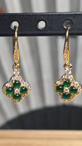 Natural Emerald Green Jadeite Jade Clover Dangle Earrings 14K Gold Over Silver