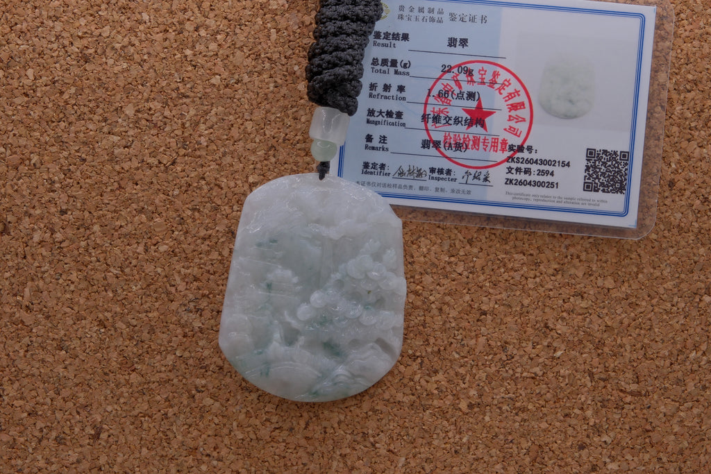 Natural Type A Jadeite Jade Pine & Crane Longevity Plaque Pendant w/ Cert 22g