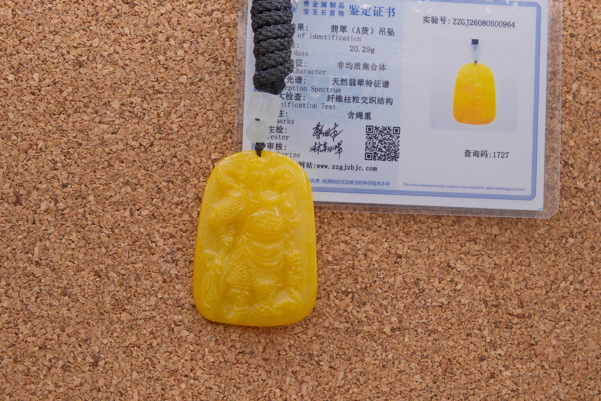Natural Type A Yellow Jadeite Jade Guan Gong God of War Pendant 20g w/ Cert