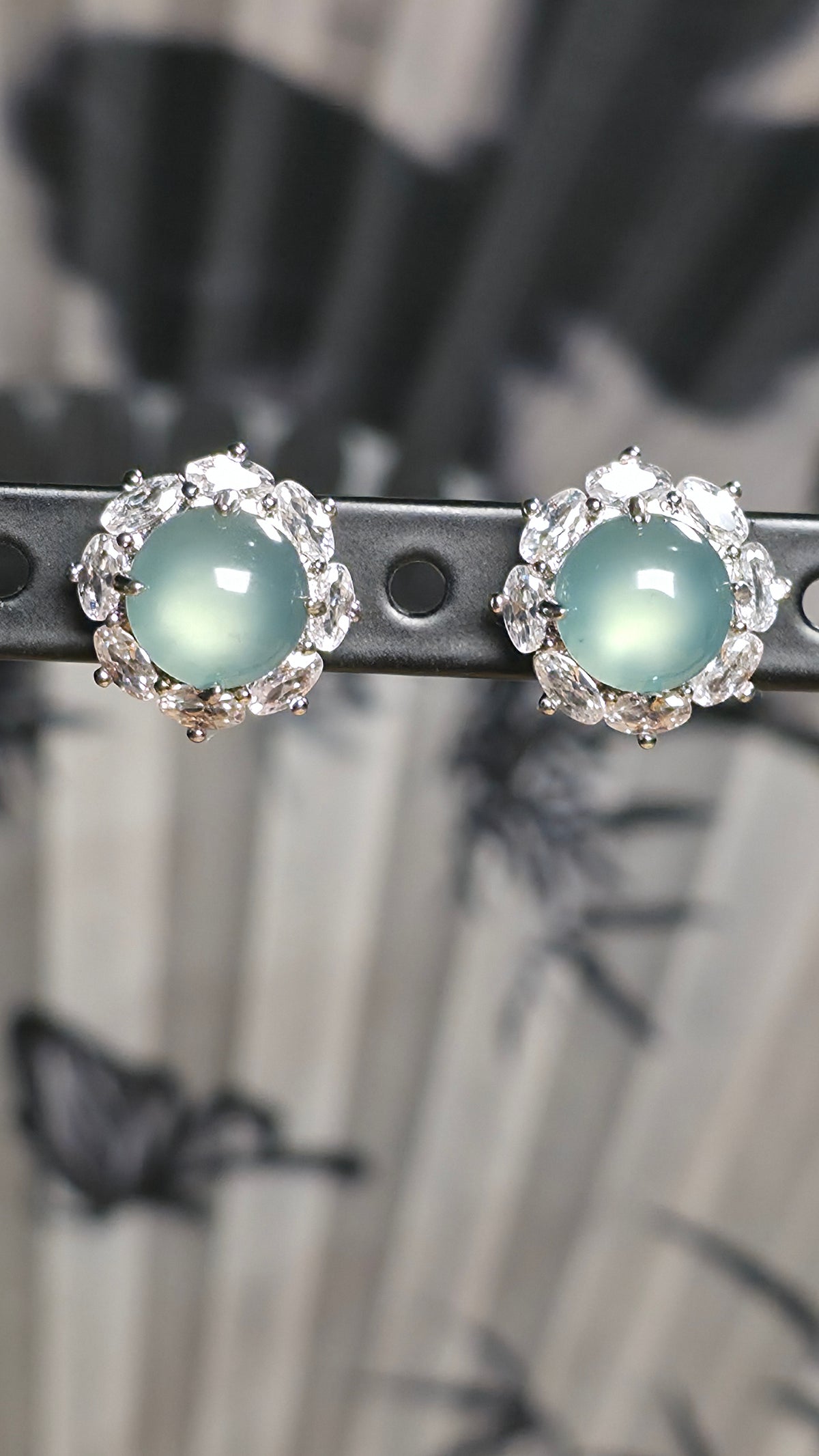 Natural Icy Green Jadeite Jade Halo Stud Earrings 925 Sterling Silver Diamond CZ
