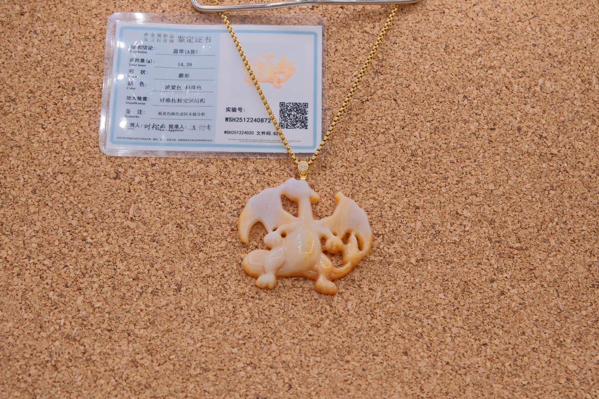 Type A Honey Yellow & Lavender Jadeite Jade Charizard Pendant w/ Certificate
